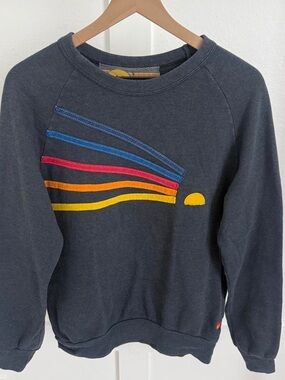 Aviator Nation Unisex Navy Crewneck Sweater with Multicolor Stripe Detail